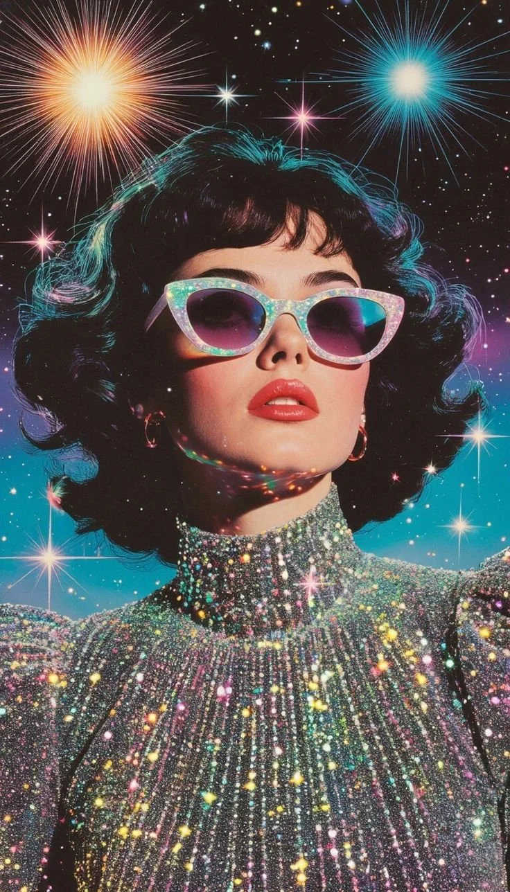 A woman with short dark curly hair wearing large rainbow-colored sunglasses and glittery clothing, set against a cosmic background with multicolored stars and bright explosions of light.