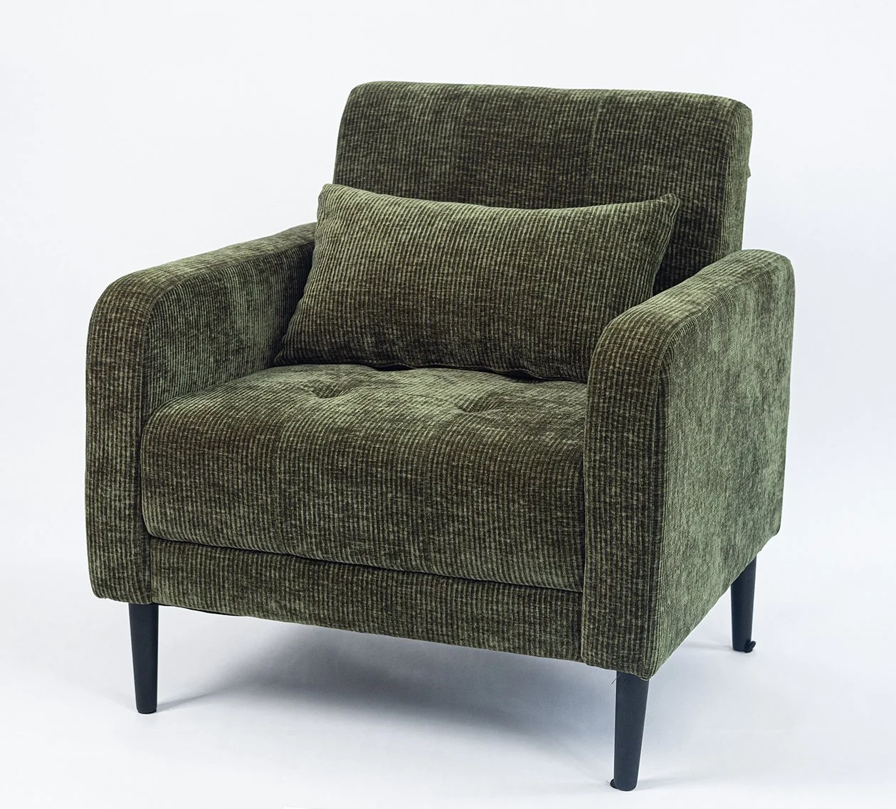 Green upholstered armchair with a matching rectangular cushion and dark wooden legs on a white background.