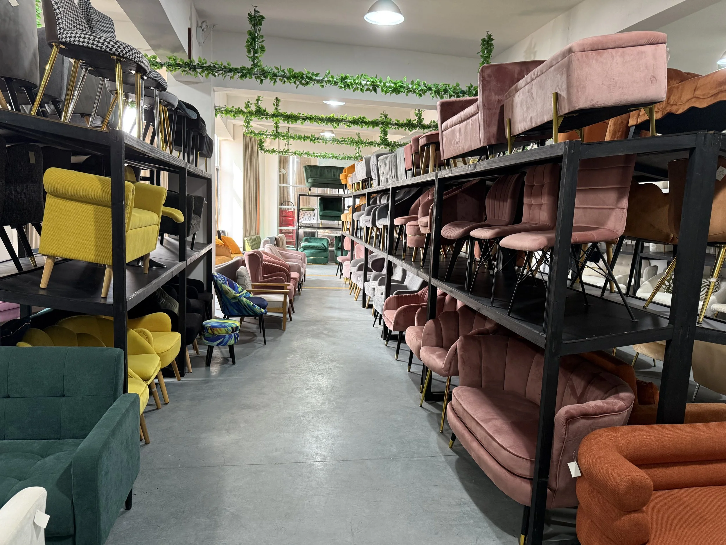 Store aisle with metal shelves displaying various colorful chairs arranged on both sides, with some stacked on top of each other. Green vines hanging from the ceiling add decor, and sunlight filters through a window at the back.