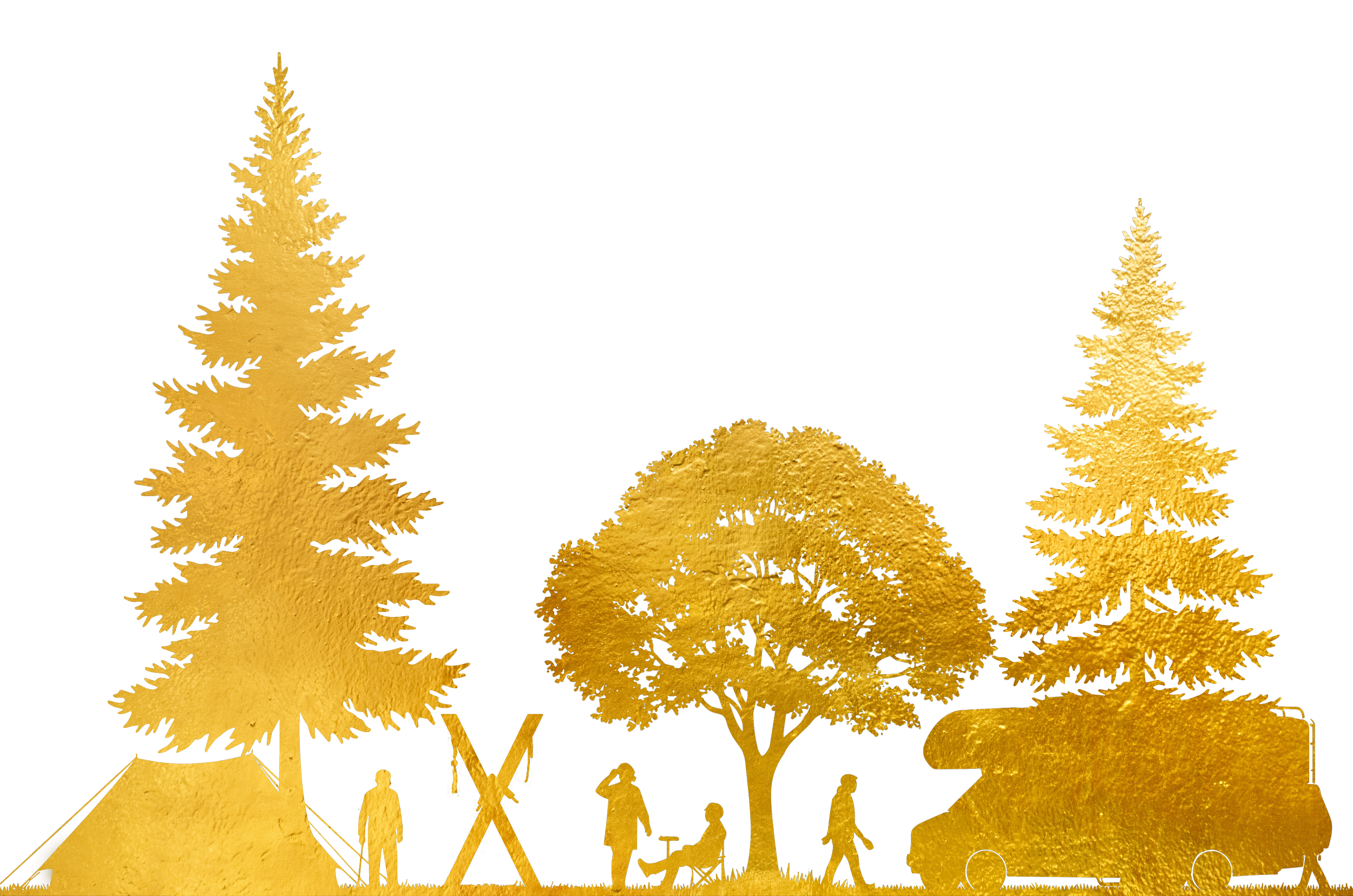 Silhouette of a camping scene with trees, a tent, people, a campfire, and a recreational vehicle, all in gold on a black background.