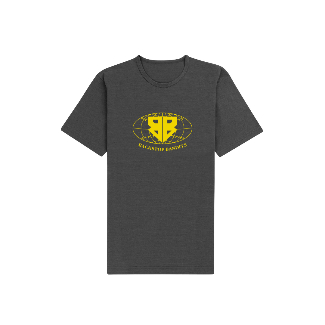 Dark gray C.R.E.A.M. T-Shirt with BACKSTOP BANDITS yellow graphic