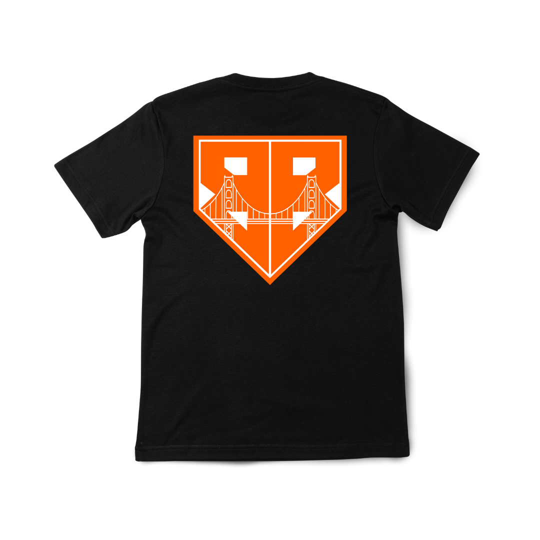 Back of black San Francisco T-Shirt with orange and white BB logo featuring the Golden Gate Bridge