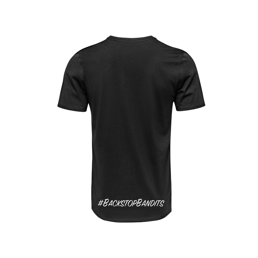 Back of black OG BACKSTOP BANDITS Logo T-Shirt with #BACKSTOPBANDITS along bottom hem in graffiti font