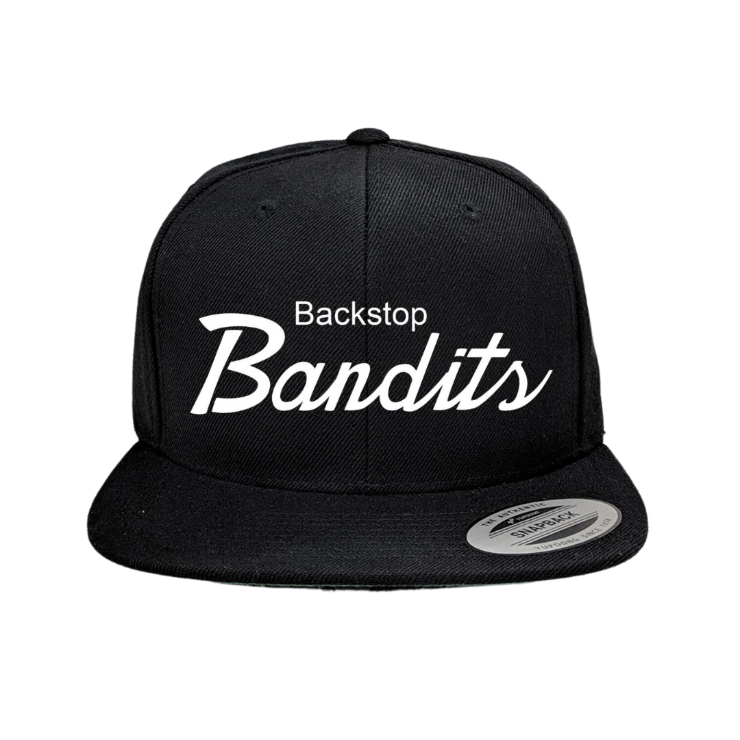 BACKSTOP BANDITS Vintage Script Snapback Hat black and white