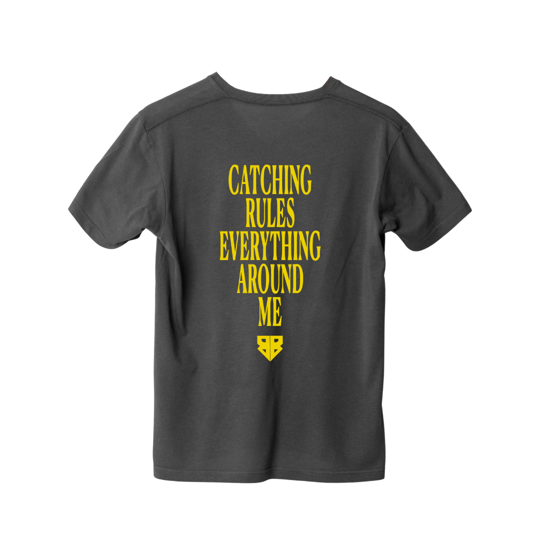 Back of dark gray C.R.E.A.M. T-Shirt with BACKSTOP BANDITS yellow lettering