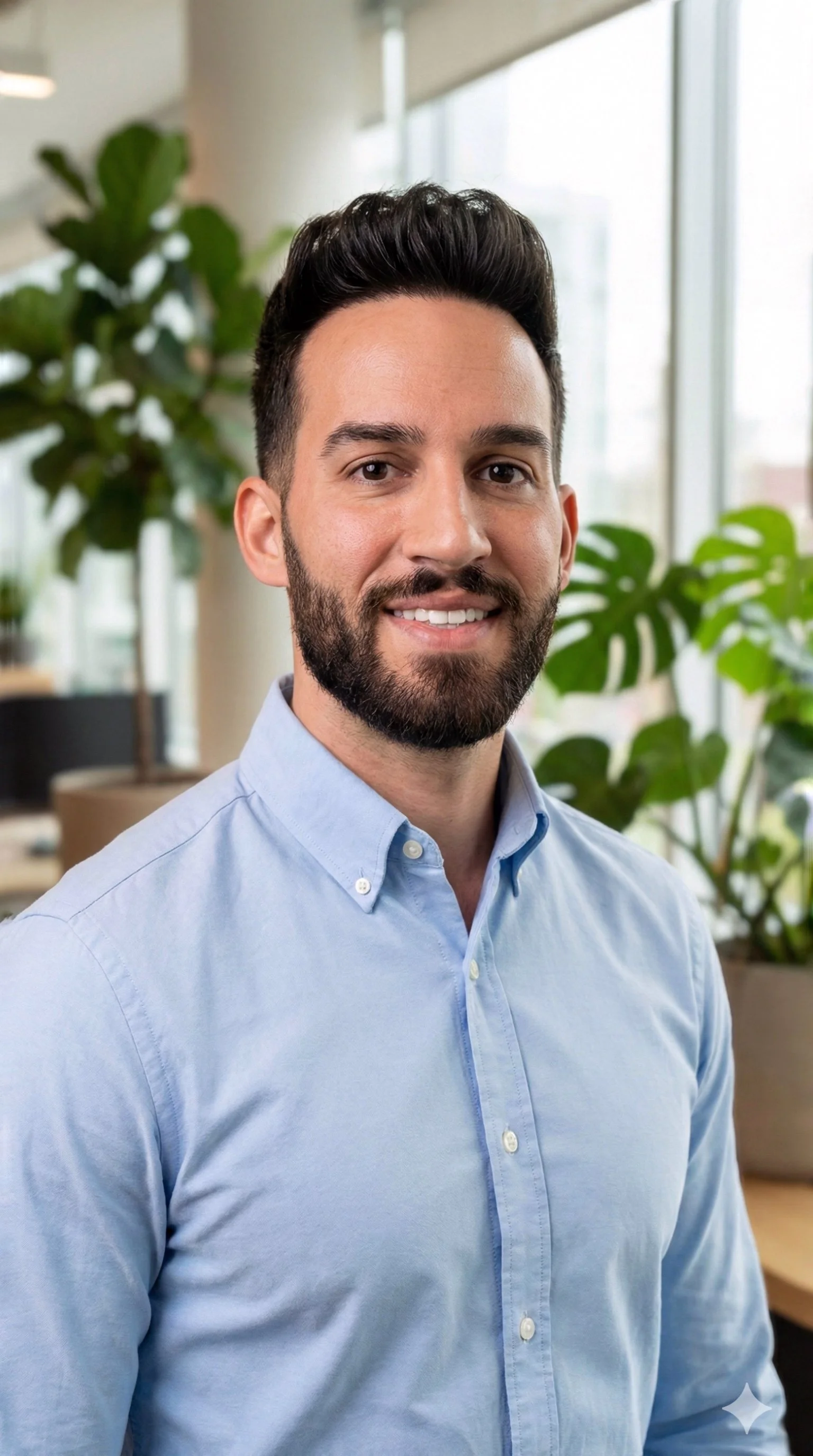 A man with dark hair and beard smiling in an office setting