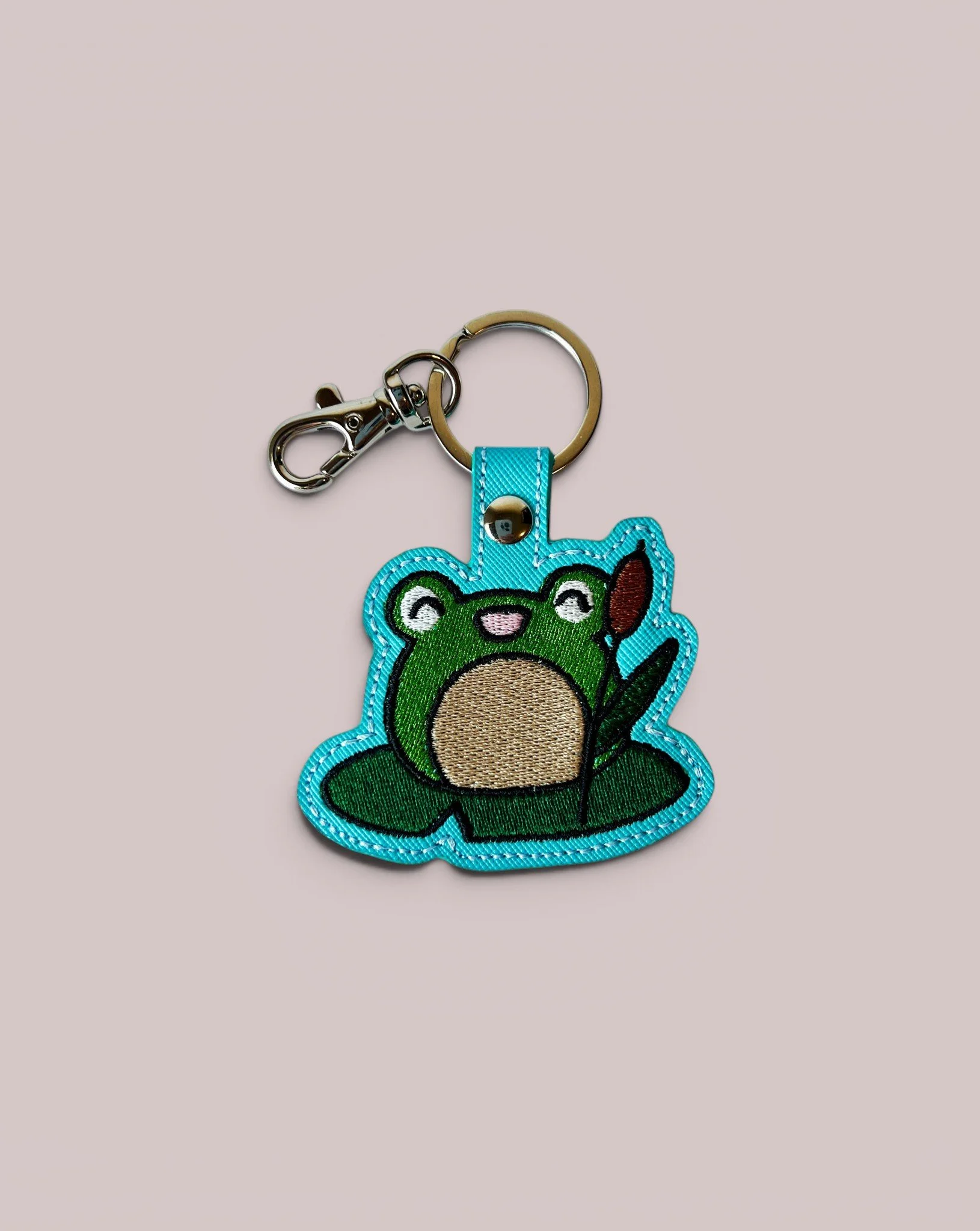 Kawaii Frog on Lily Pad Embroidered Keychain