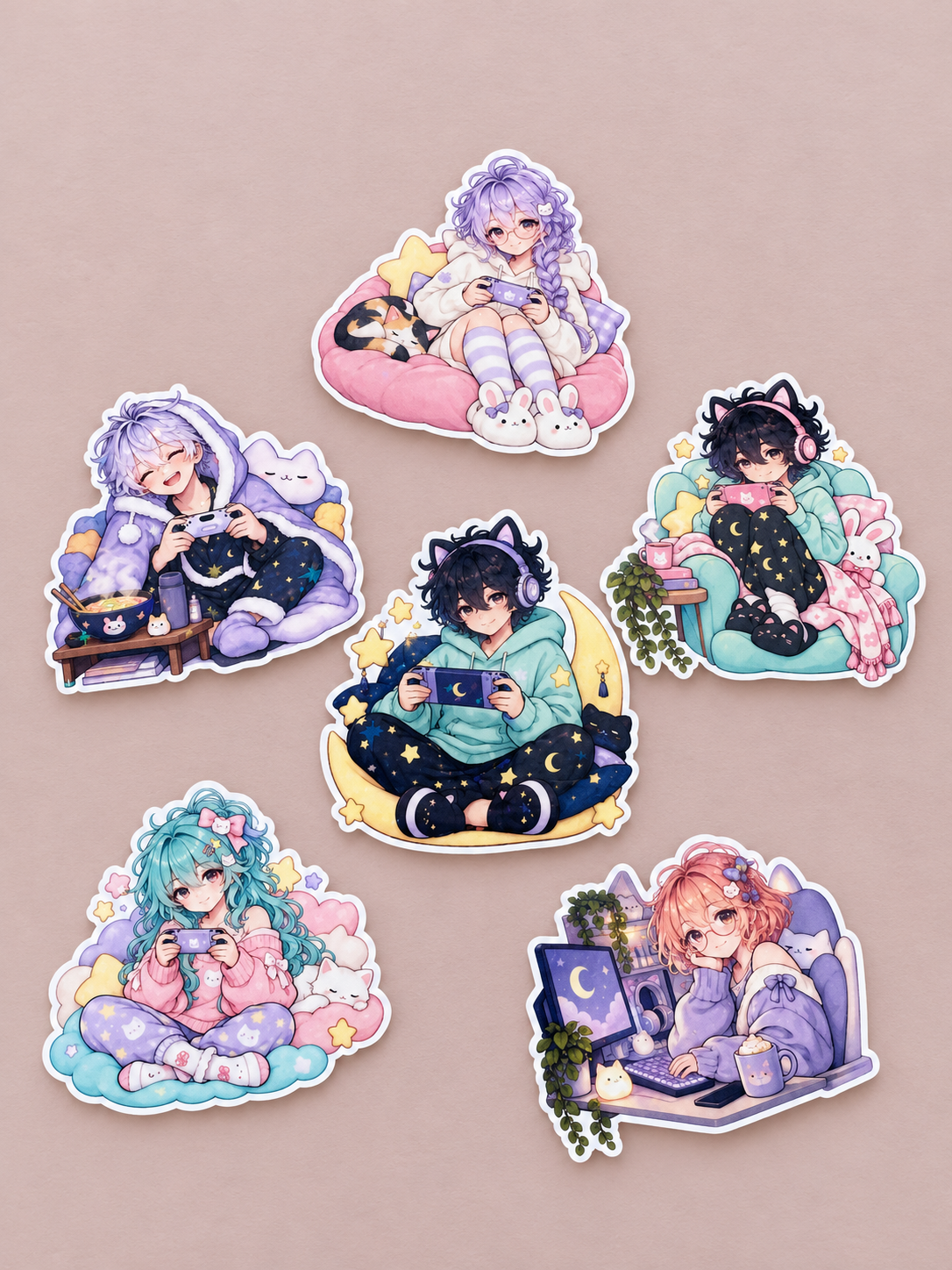 Six handmade anime gamer stickers-2.png
