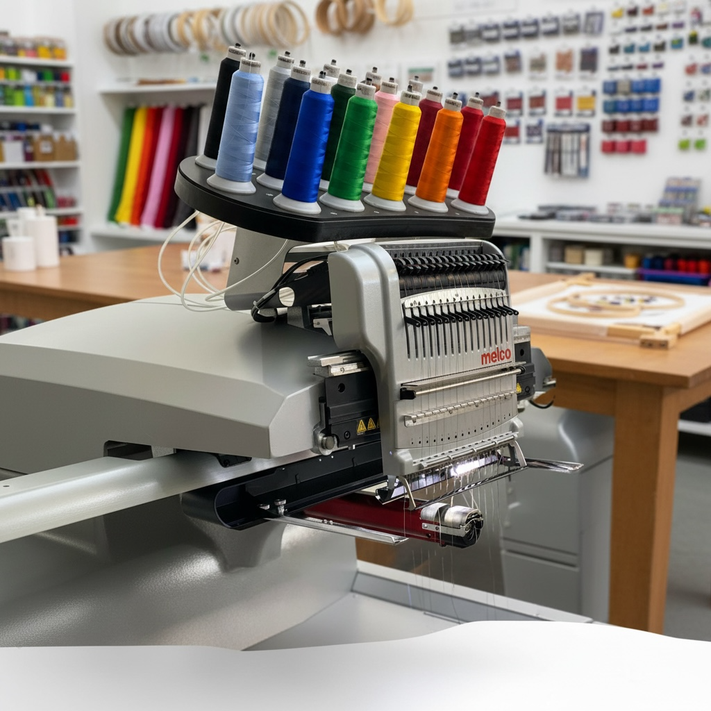 A sewing machine with a spool stand holding multiple spools of colored thread in a sewing or craft store.