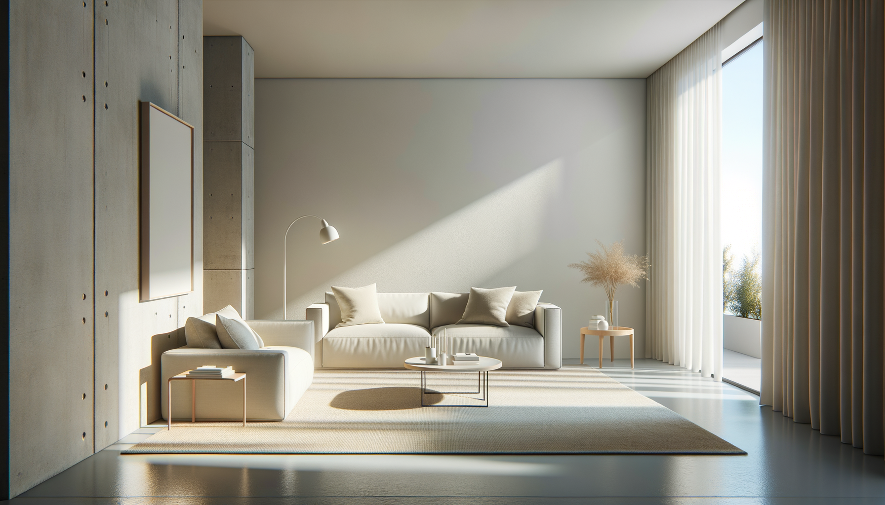 Minimalist living room with white sofa, light-colored pillows, round coffee table, floor lamp, and a small side table with decor, large windows with curtains allowing sunlight, potted plant, and neutral-colored rug.