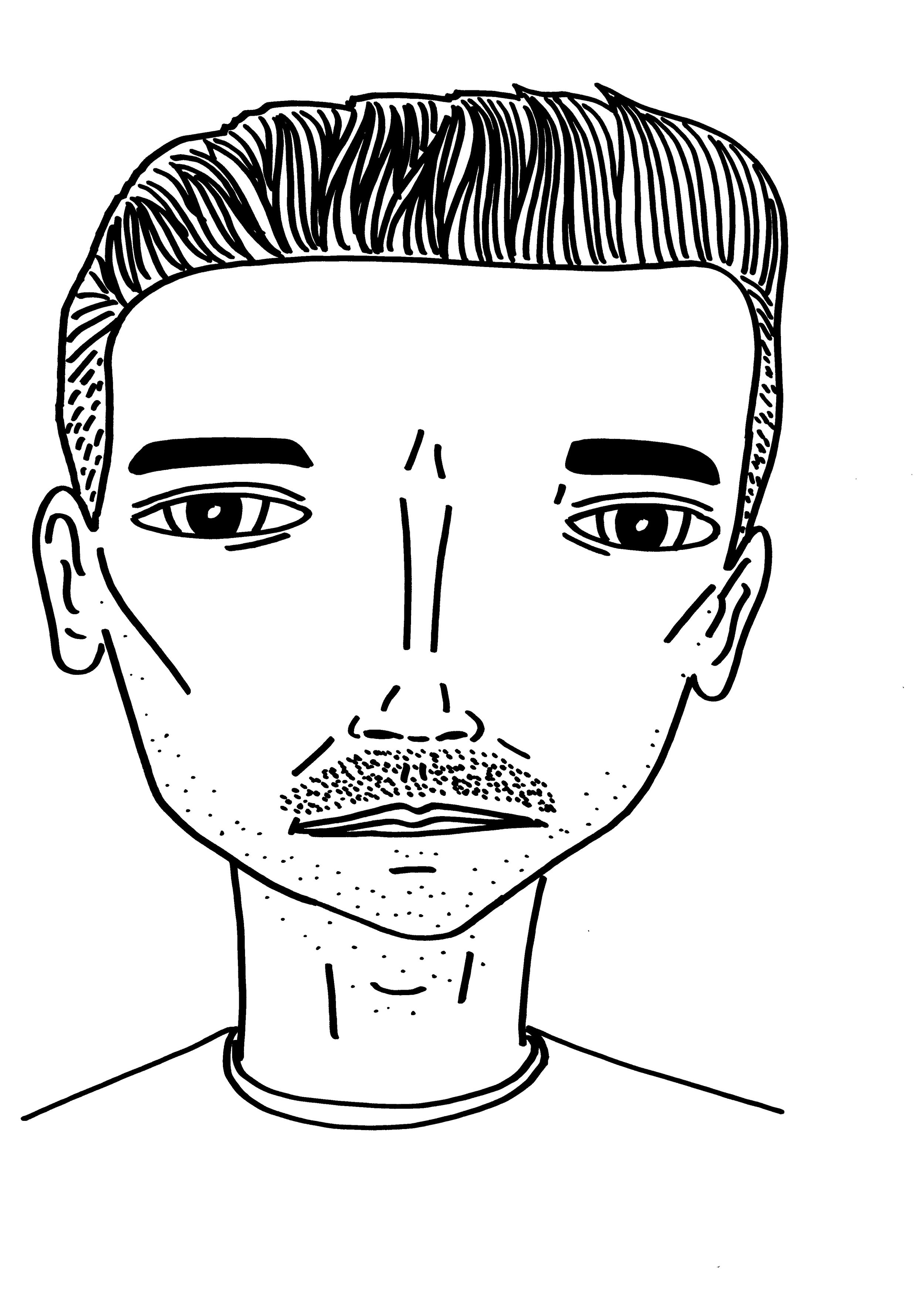 Black and white line drawing of a man's face with short hair, thick eyebrows, and a moustache, wearing a round-neck shirt.