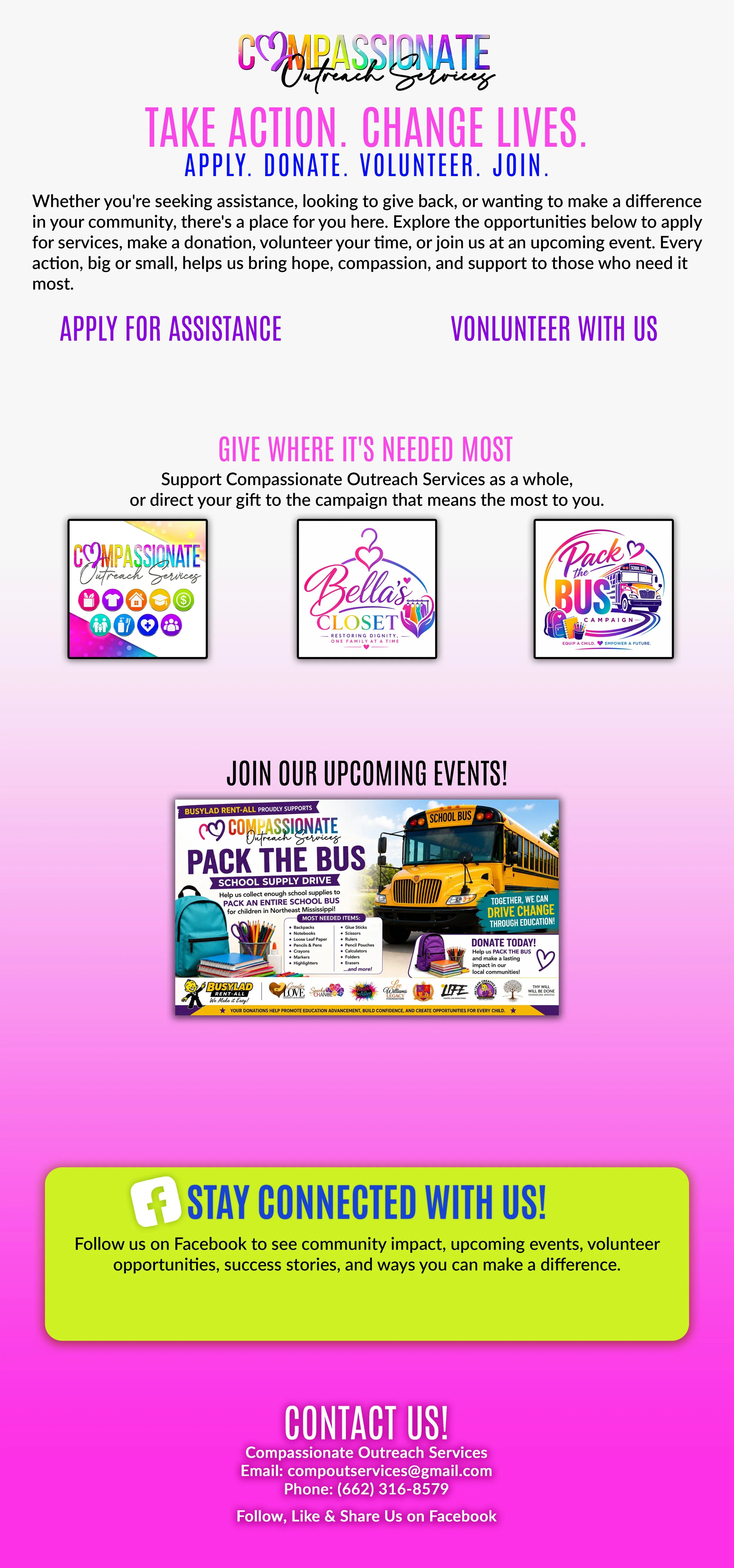 Flyer for Compassionate Outreach Services promoting community assistance, donations, volunteering, and upcoming events like pack the bus school supply drive. Includes contact info and social media link.