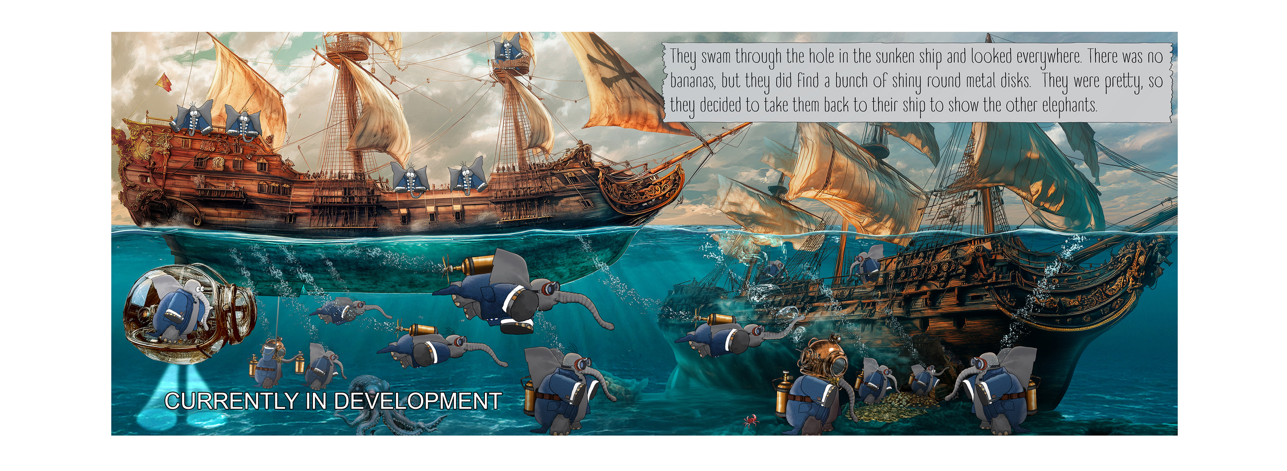 Animated underwater scene with pirates, some wearing diving gear, exploring sunken ships and treasure chests; above water, pirates on ships with tattered sails; cartoon mice characters in diving suits and a submarine; a text box at the top contains a