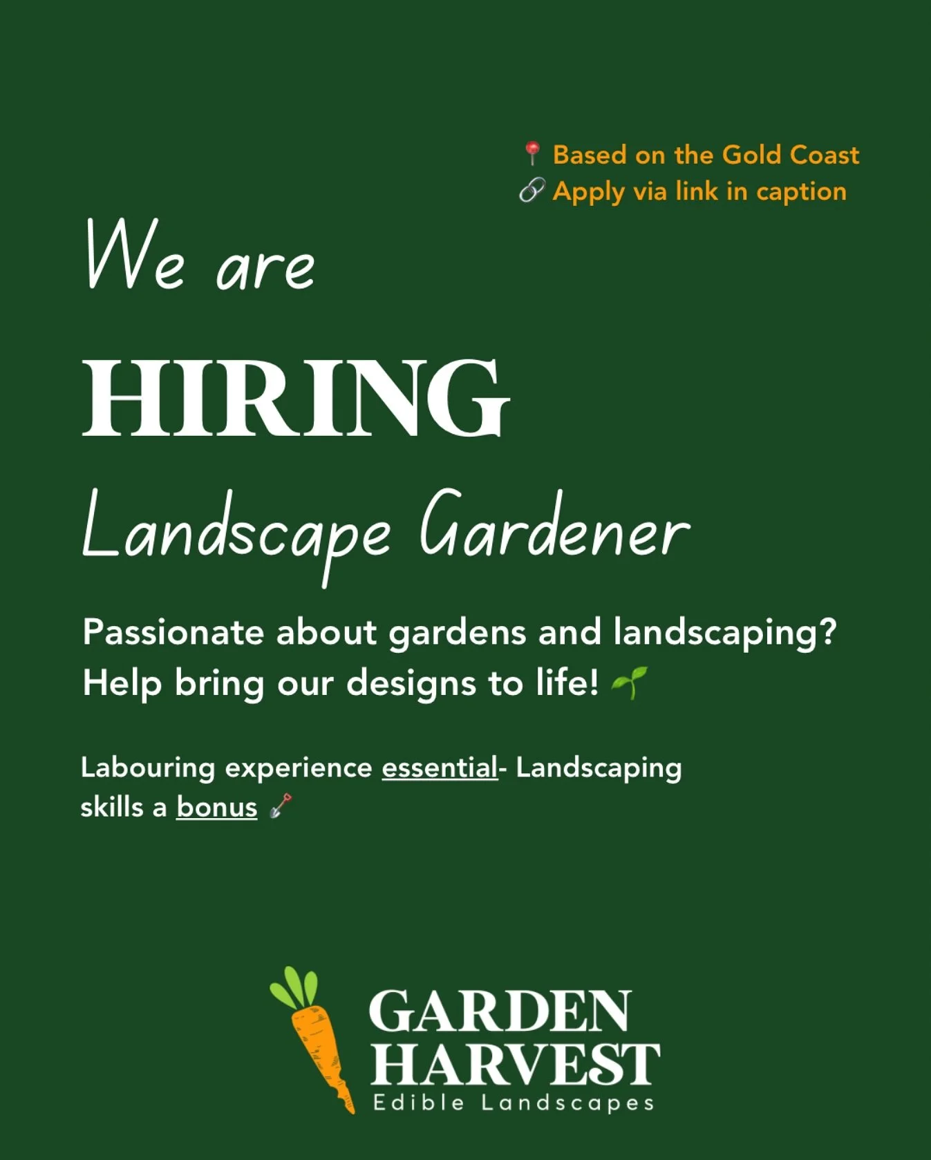 We’re hiring! 🌿
Garden Harvest is on the lookout for a reliable, passionate landscape gardener to join our small team.
This is a hands-on role helping to bring edible, native, and wildlife-friendly gardens to life — using organic metho