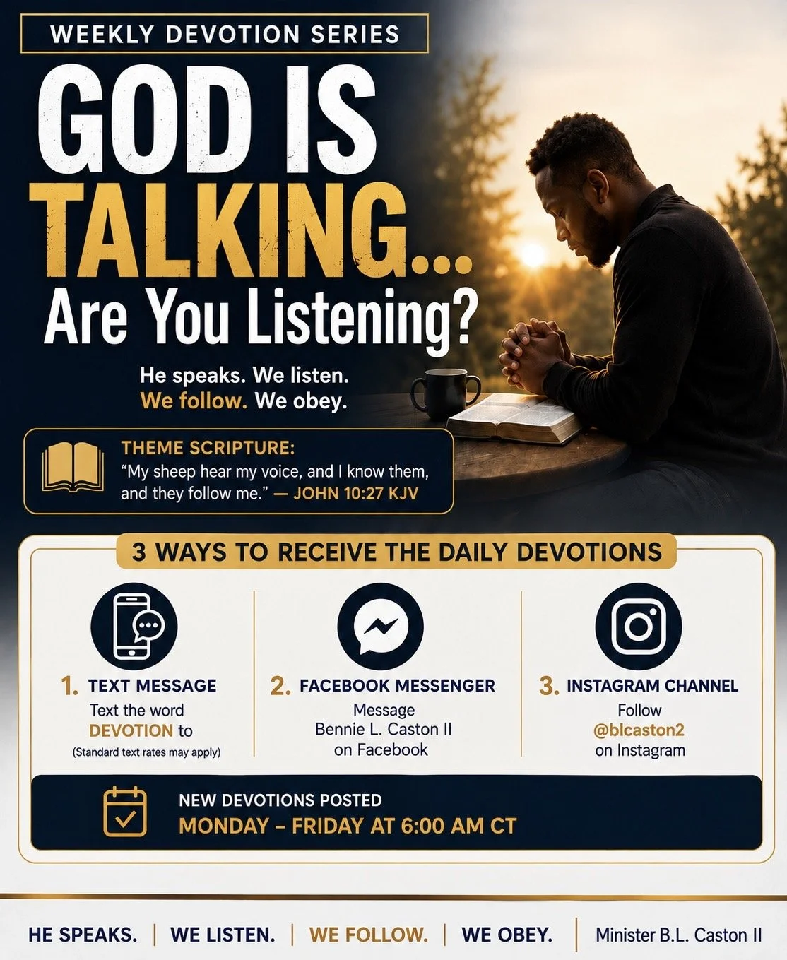 God is Talking Are you Listening :

John 10:27 “My sheep listen to My voice, and I know them, and they follow Me;”

‭‭Series: God is talking are you listening?

