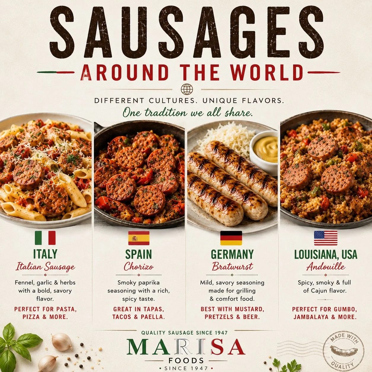 At Marisa Foods, we&rsquo;re proud to continue that tradition with quality products made for restaurants, delis, and kitchens since 1947.

Interested in adding quality sausage products to your menu?📩 DM us for samples &amp; pricing.

#marisafoods #s
