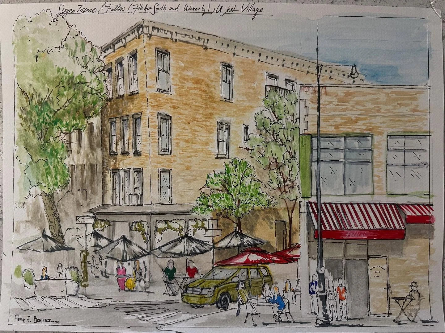 A lot going on in this beautiful corner in West Village, Sogno Toscano and Fellini right in 7th Ave South and Waverly.  #newyork #watercolor #newyorkcity #westvillage #painting #art