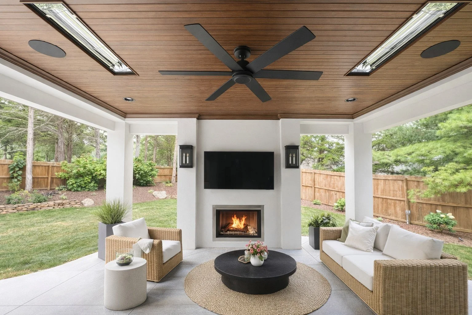 Covered patio with stained wood ceiling by Built By Burns