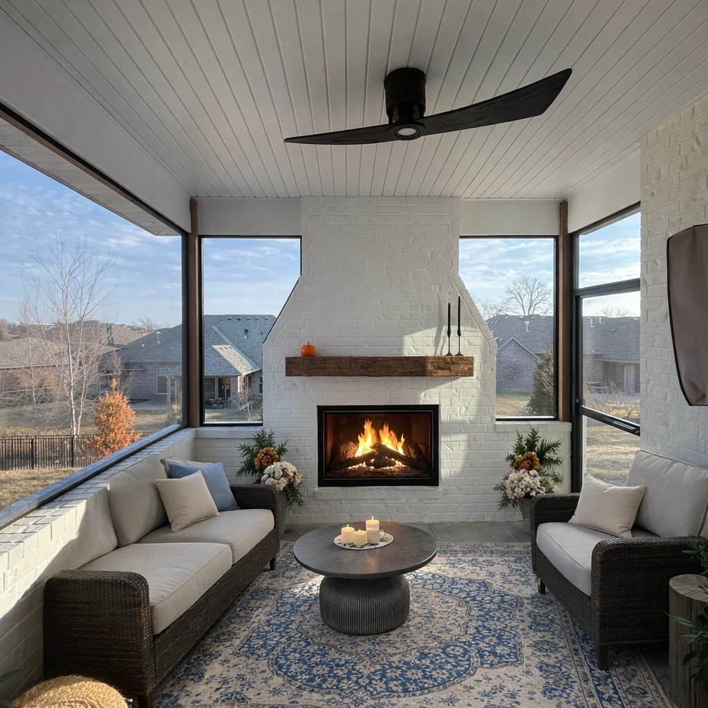 Screened porch with white brick fireplace by Built By Burns, Columbia MO