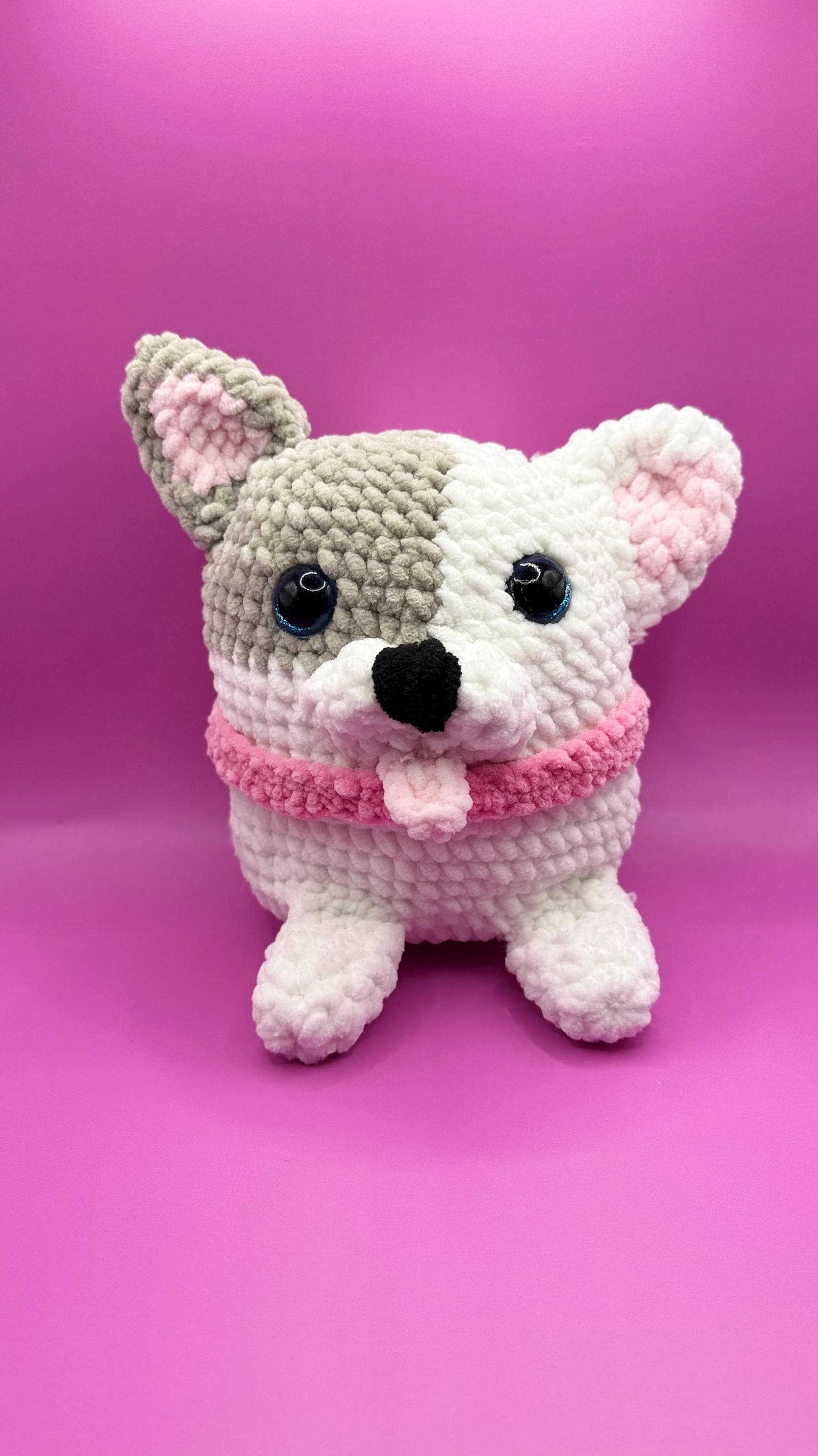Snuggly handmade crochet French Bulldog plushie, perfect for dog lovers and collectors.