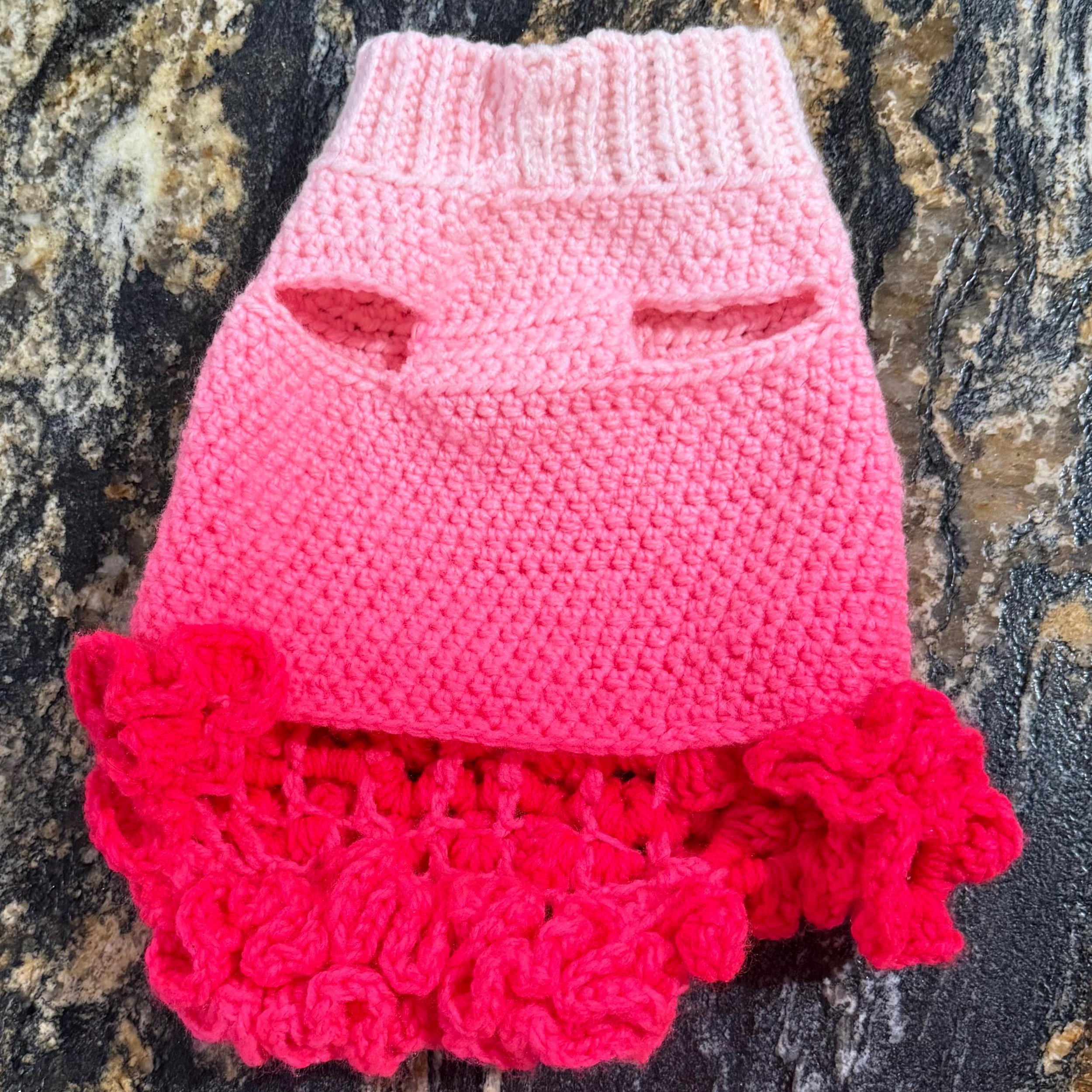 Custom handmade crochet dog dress, stylish and comfortable for small to medium dogs.