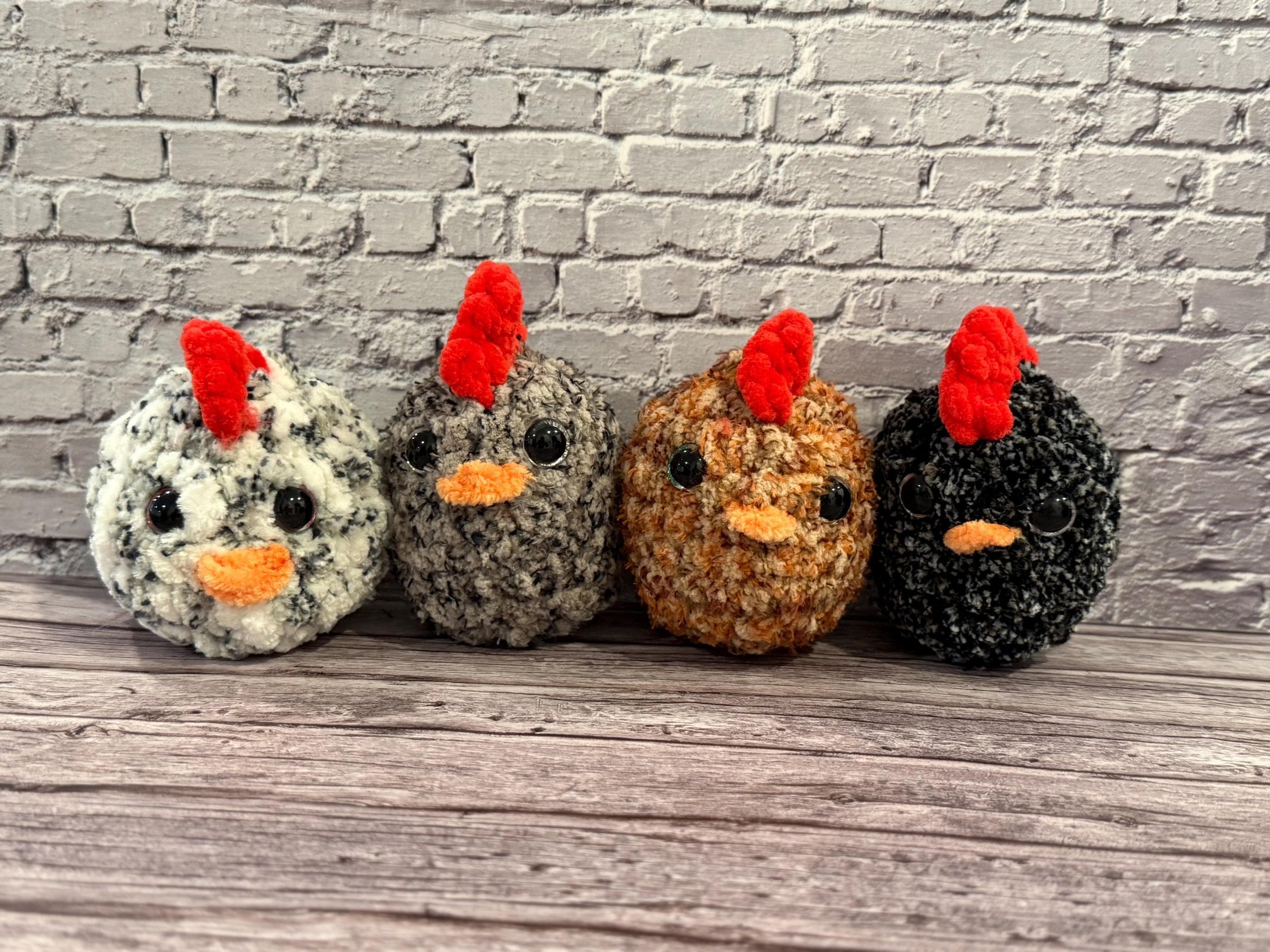 Handmade crochet chicken squishy stress ball, a fun and adorable fidget toy.