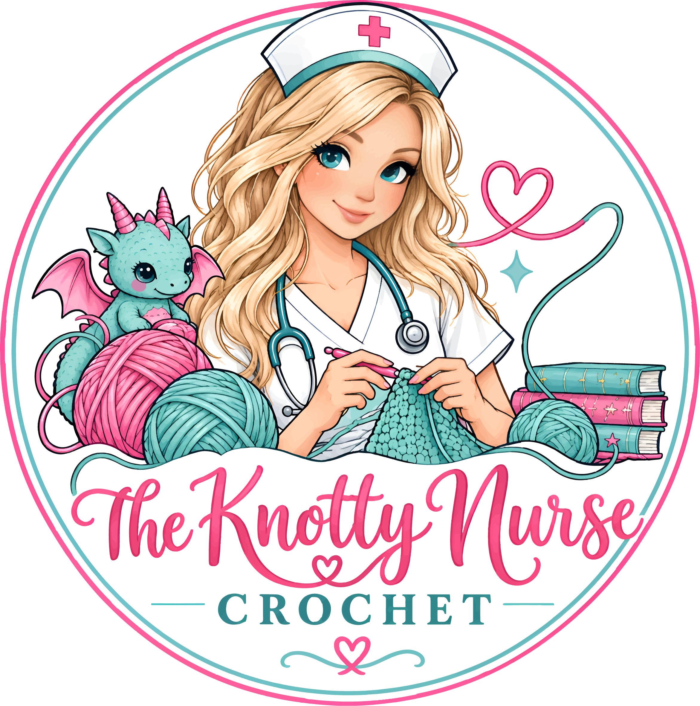 The Knotty Nurse Crochet logo: a smiling nurse crocheting beside a teal dragon plush and yarn