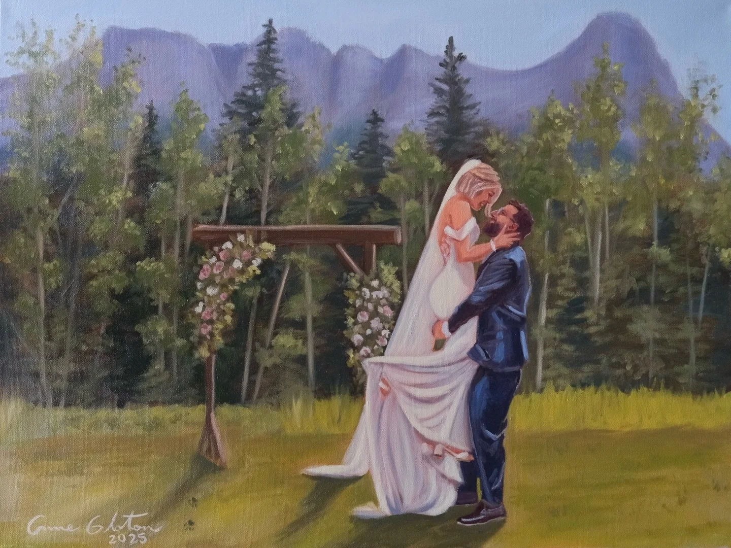 ✨Pascale &amp; Dan✨

Live Wedding Painting by Anne Gloton 
After Wedding touch-ups and Details✨
August 16th, 2025
Oil Painting on Canvas
Canmore, Alberta

Bride: @pascale.st.jacques 
Groom: @dastjacques 

Ceremony: Rundleview Parkette, Canmore AB 
Re