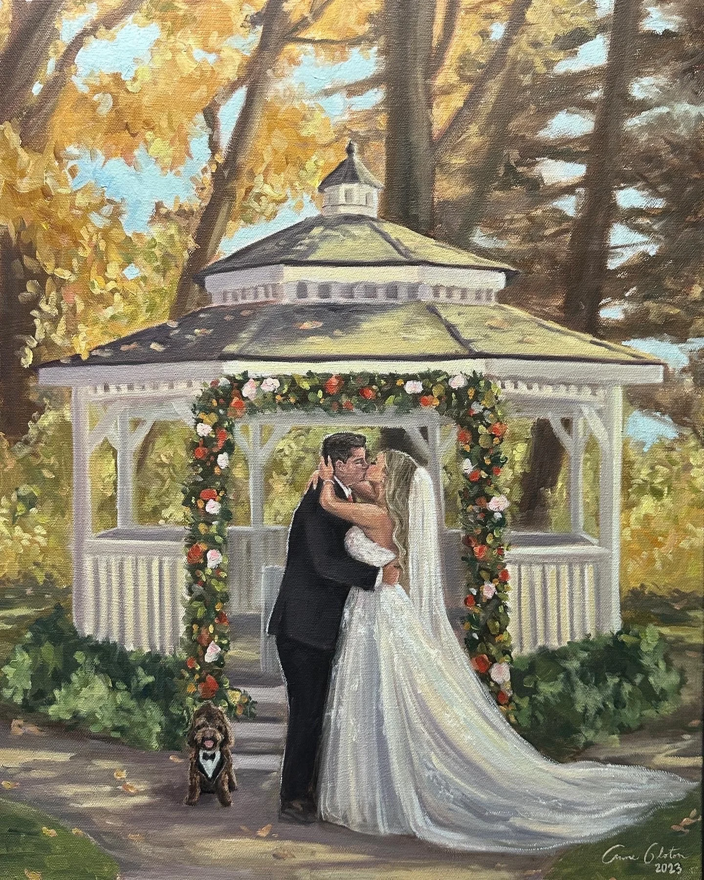 Oil Painting of a wedding scene with a couple kissing in front of a gazebo. The gazebo is decorated with flowers and surrounded by autumn trees. A small dog stands nearby.