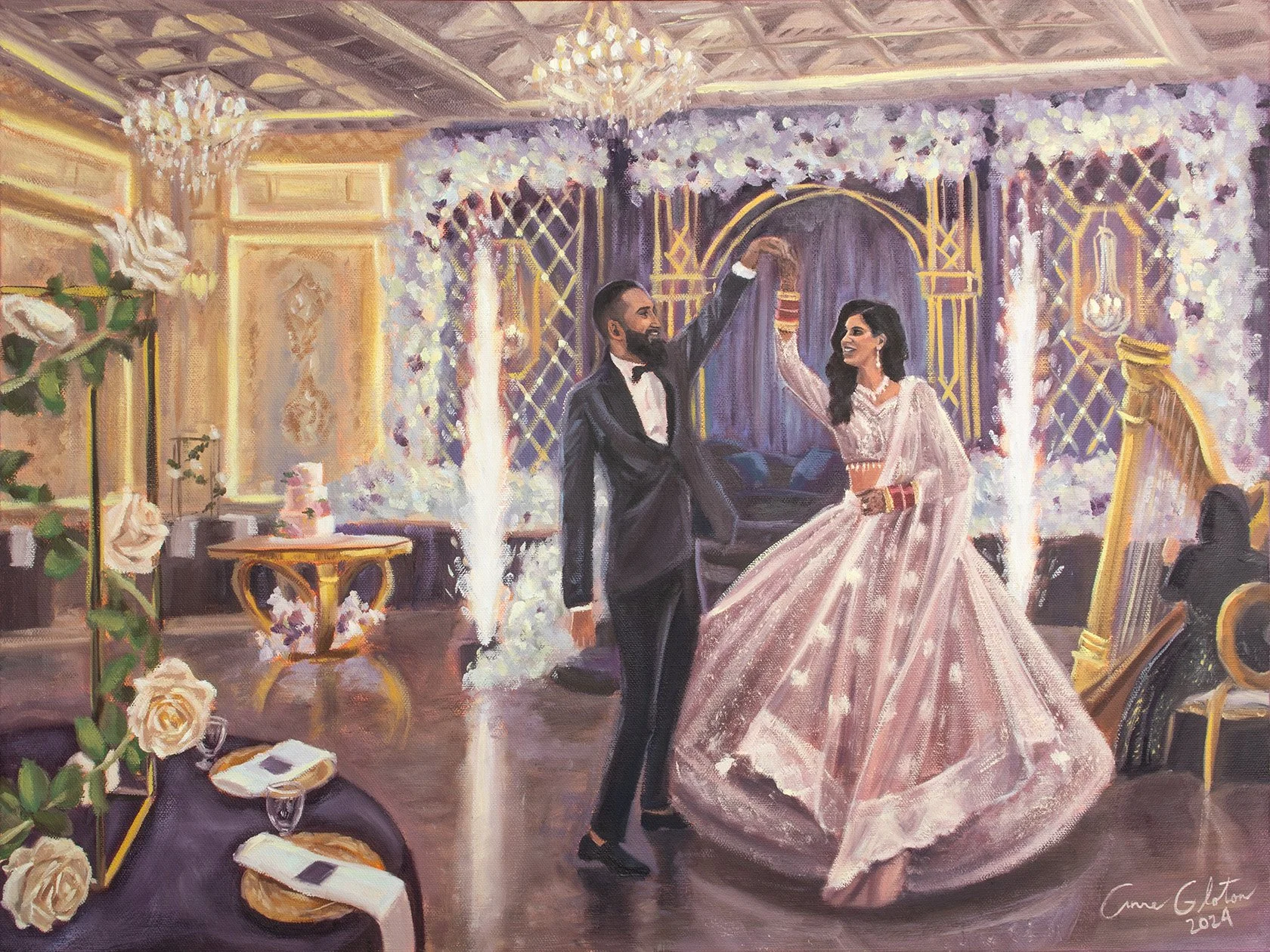 Empire Banquet Calgary Live Wedding Oil Painting First Dance of "Amrit + Manpreet" | 18x24 Canvas | September Wedding 
