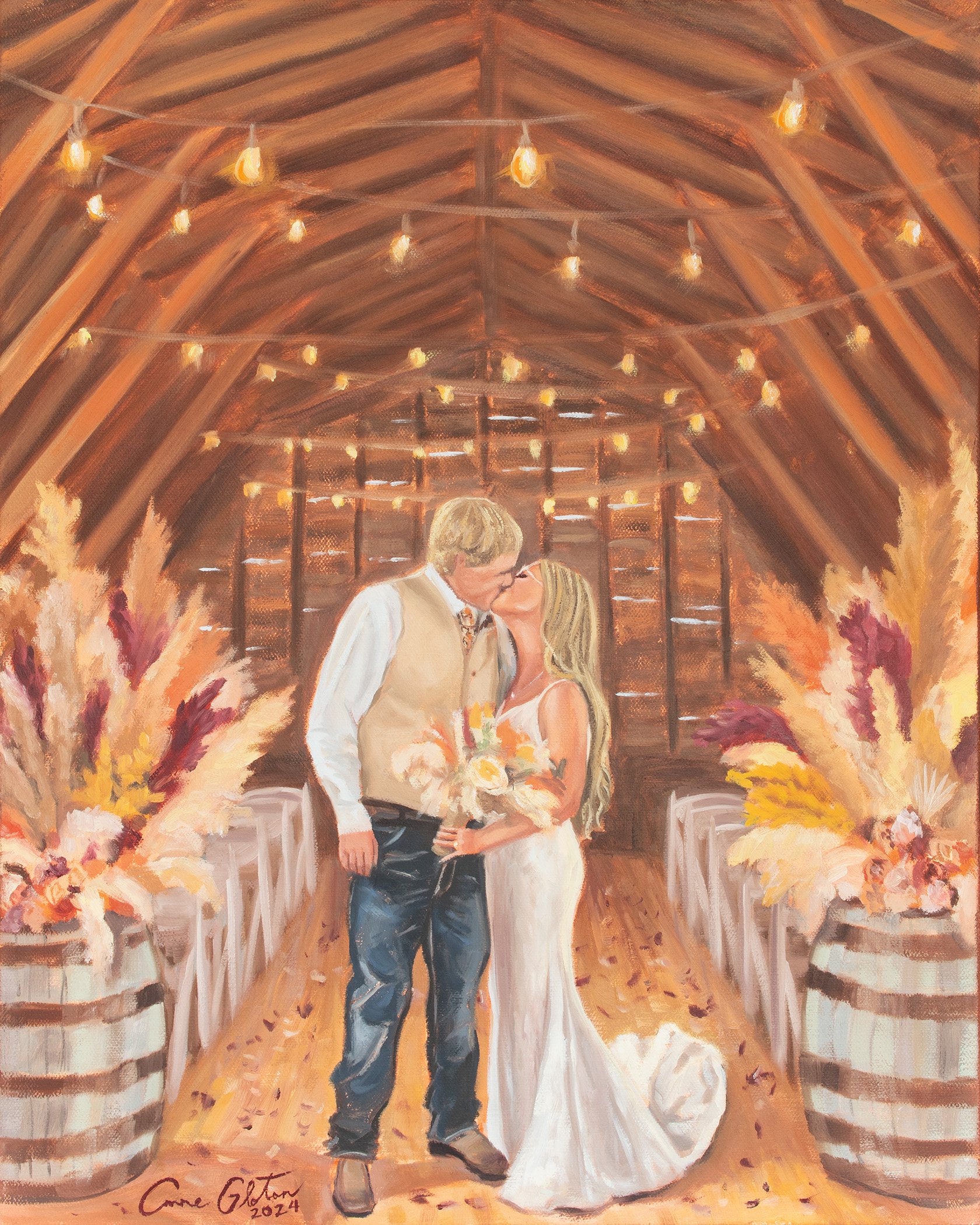 Oil Painting of a couple kissing in a rustic barn setting, surrounded by floral arrangements in barrels, with string lights overhead.