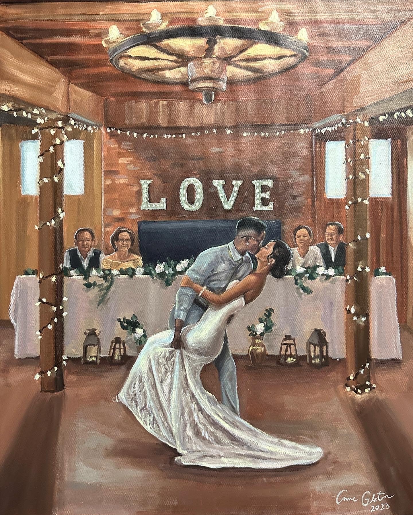 Oil Painting of a couple dancing at a wedding reception with 'LOVE' sign and guests at a table.