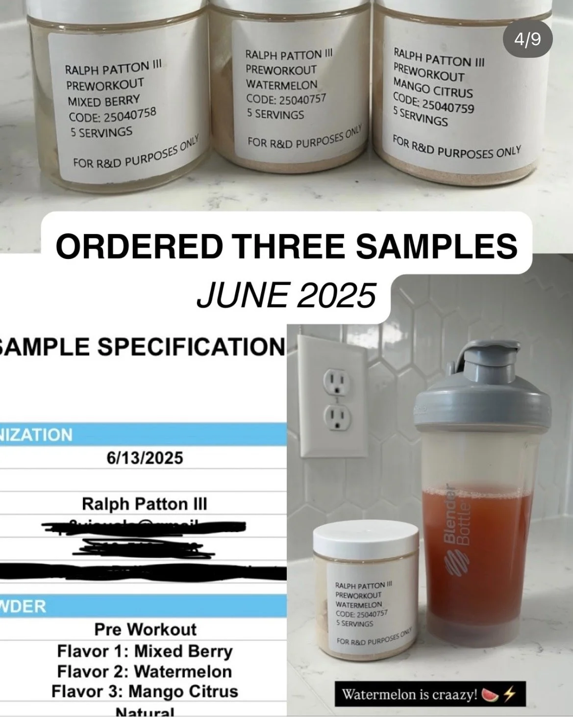Three labeled R&D sample jars of CHARGE pre-workout in Mixed Berry, Watermelon, and Mango Citrus flavors with a prepared watermelon shaker