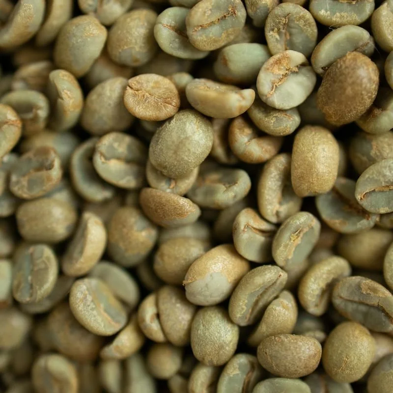 Green coffee beans in a bowl, the natural caffeine source used in CHARGE — backed by clinical research"