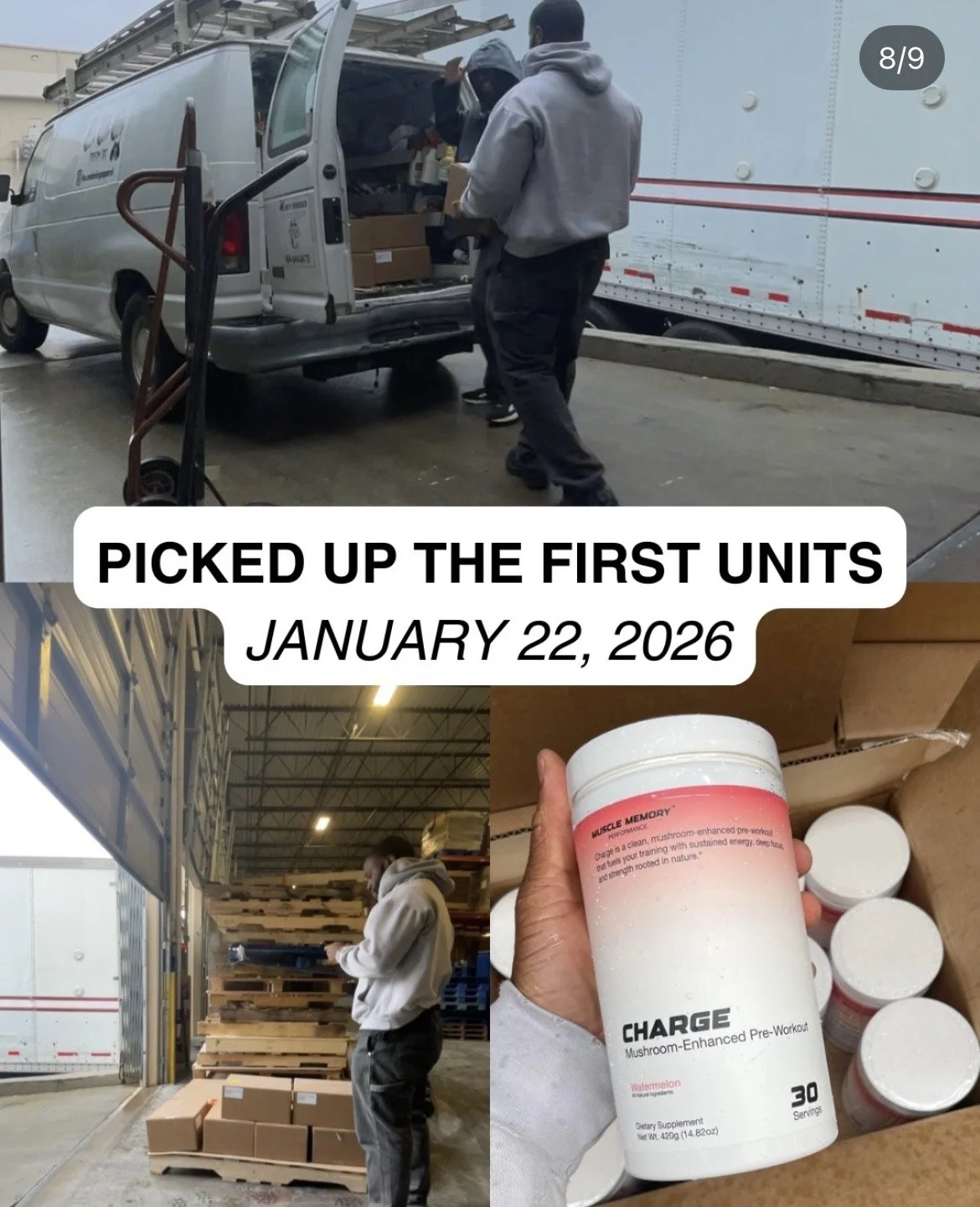 Ralph Patton III loading and holding the first cases of CHARGE pre-workout units picked up from the manufacturer