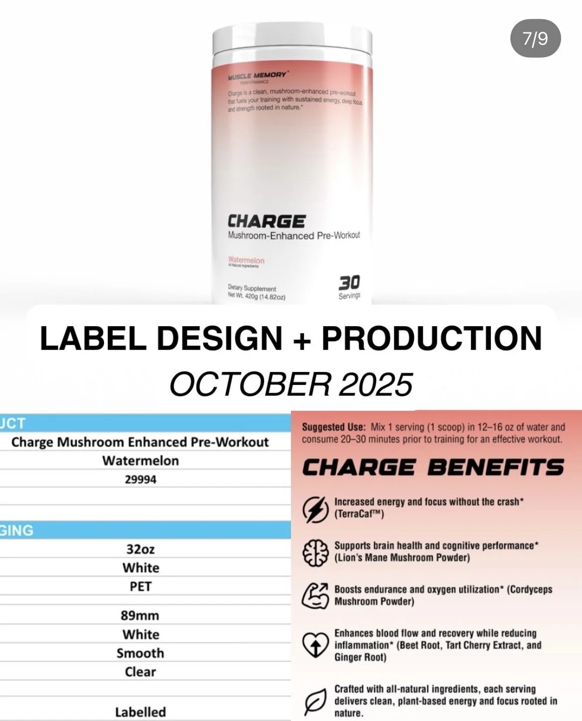 Finished CHARGE Mushroom-Enhanced Pre-Workout tub in Watermelon, 30 servings, by Muscle Memory Performance