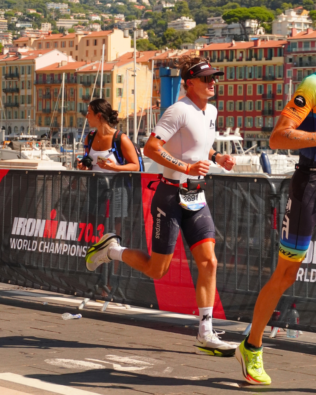 Connor Robinson competing at the 2026 IRONMAN 70.3 World Championship in Nice, France.