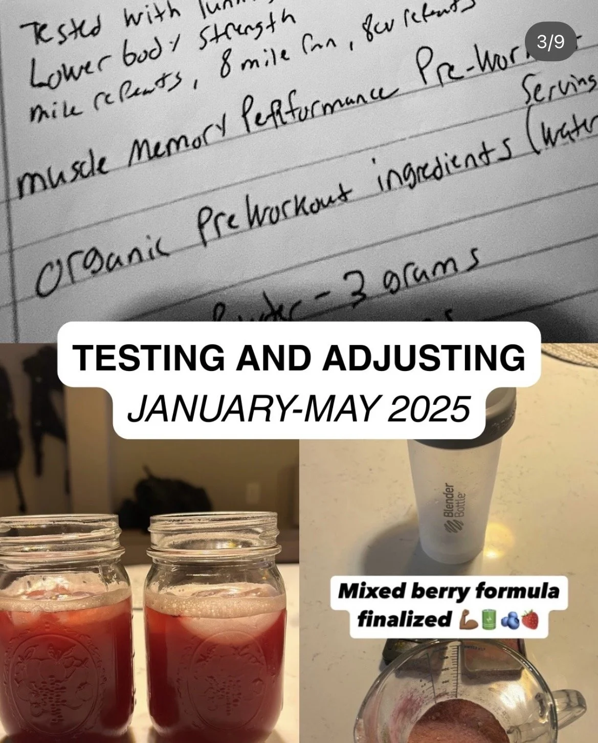 Handwritten Muscle Memory Performance pre-workout formula notes next to mason jars of mixed red pre-workout being tested