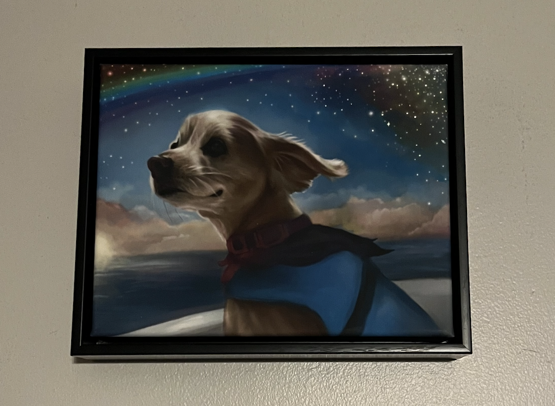 Painting of a dog wearing a blue jacket and red collar, with a background of a starry sky, clouds, and a rainbow.