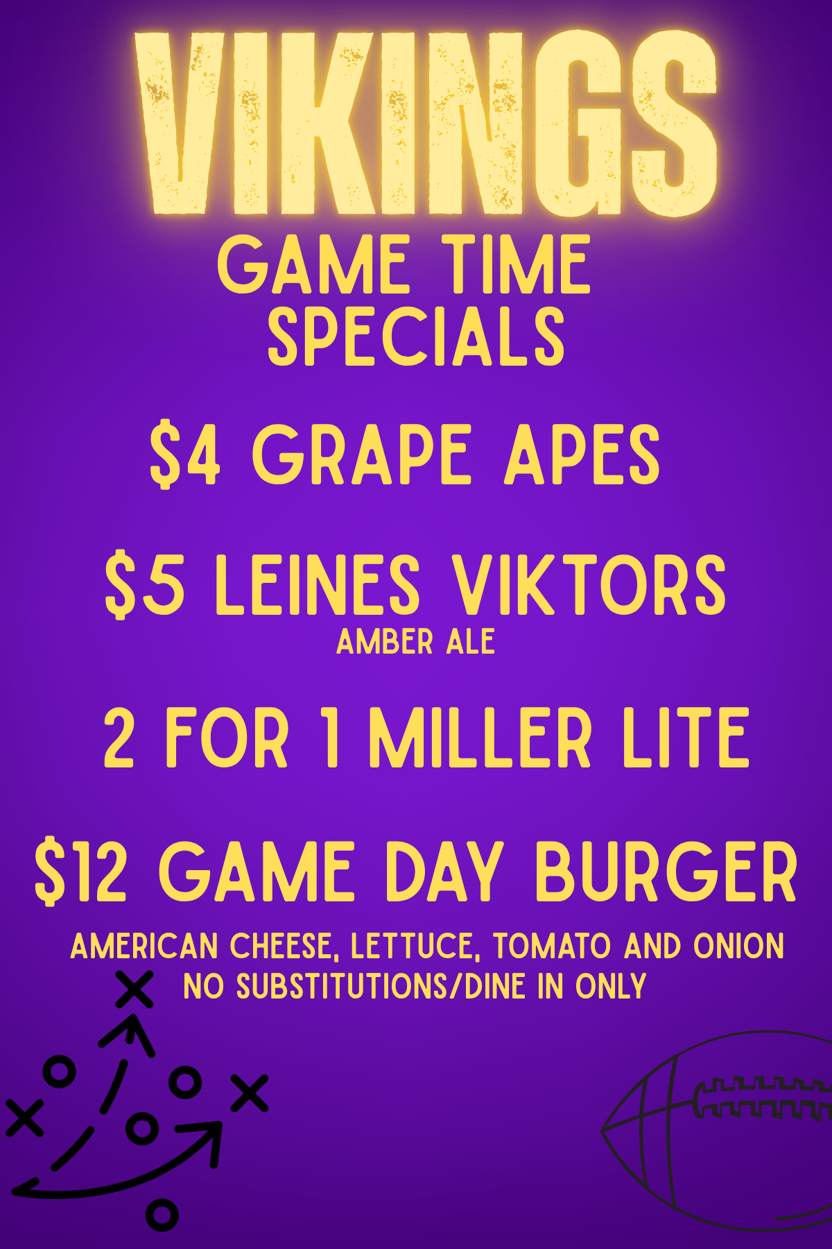 A promotional sign for Vikings game time specials, with yellow text on a purple background listing prices for grape ales, Leines Viktors, Miller lite, and a game day burger with American cheese, lettuce, tomato, and onion.