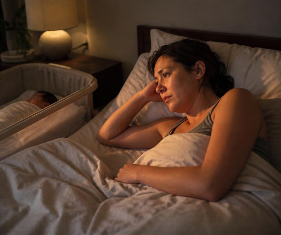 Postpartum mom lying awake at night while her baby sleeps nearby