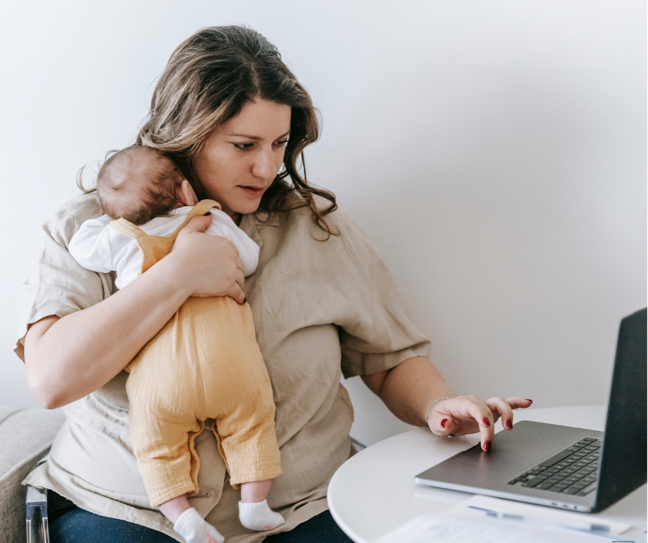 Mother participating in an online therapy session from the comfort of home.