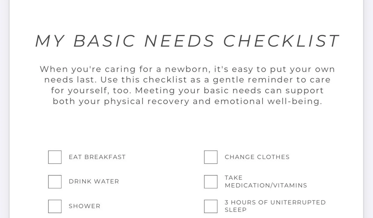 Preview of the Basic Needs Checklist for postpartum recovery.