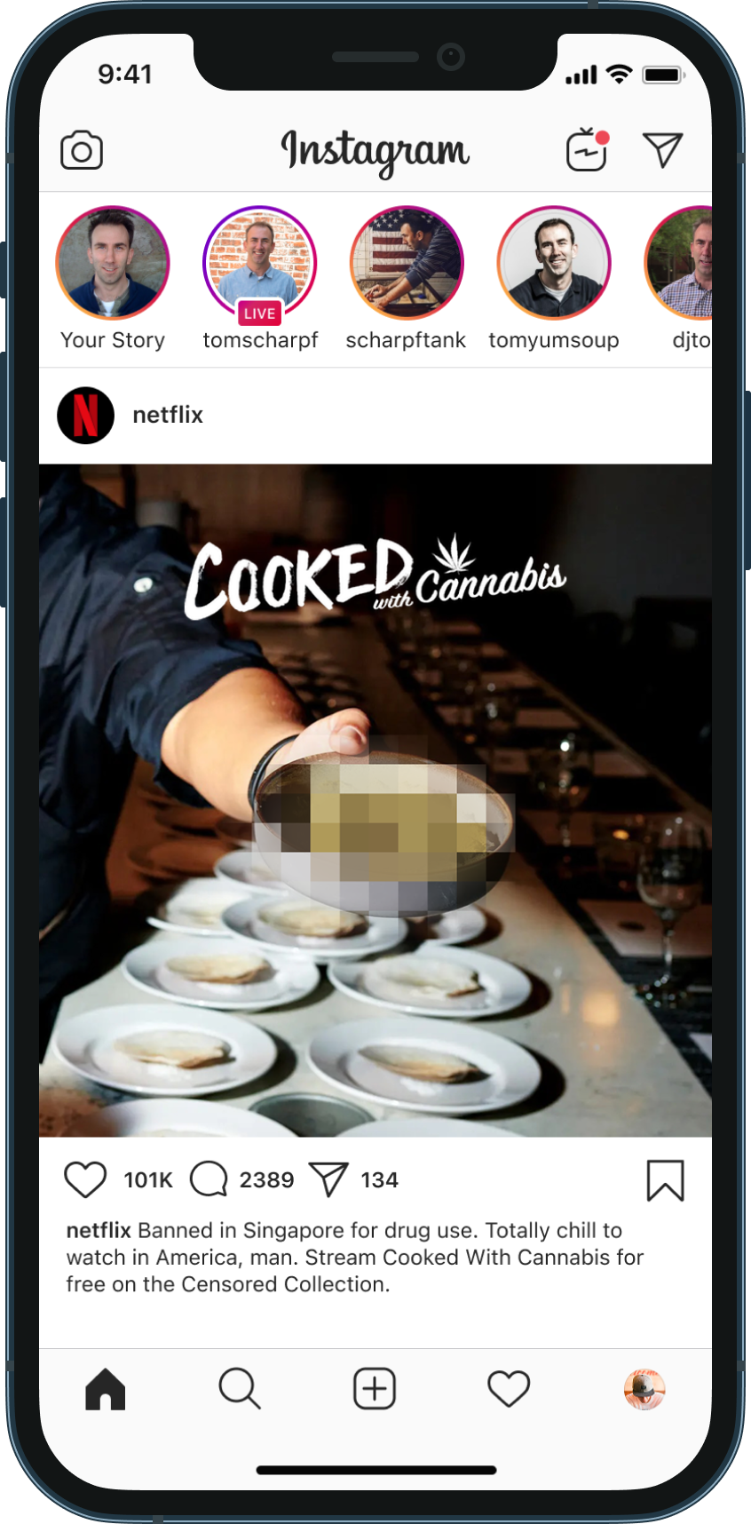 Instagram post promoting a Netflix show titled "Cooked with Cannabis," featuring a person serving food with a pixelated area obscuring some content, with captions about drug use in Singapore.
