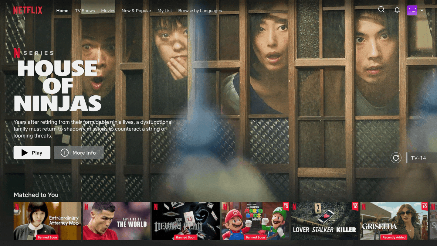 Screenshot of the Netflix homepage featuring the show 'House of Ninjas' with four people looking through wooden bars, in a scene that appears to be from the series.