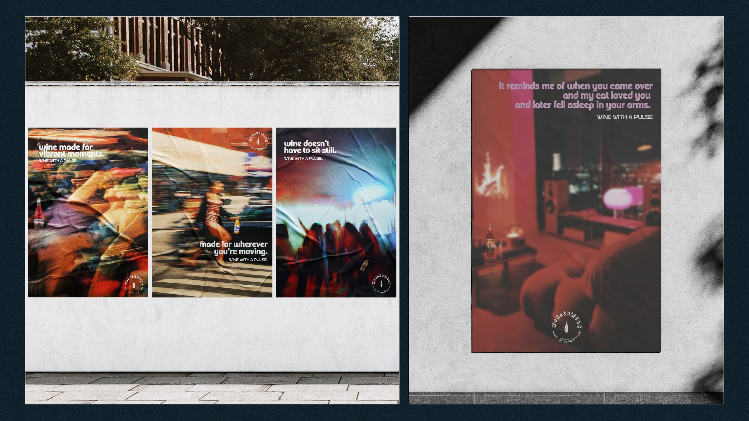 Two illuminated advertising posters on a wall. The left poster features blurry images of people at an outdoor event with colorful lights, along with text promoting wine for vibrant moments, wherever you're moving. The right poster shows an indoor scene with a living room, television, and a wine bottle on the table, with overlaid pink and purple text about reminiscing and feeling loved, titled 'Wine with a Pulse.'