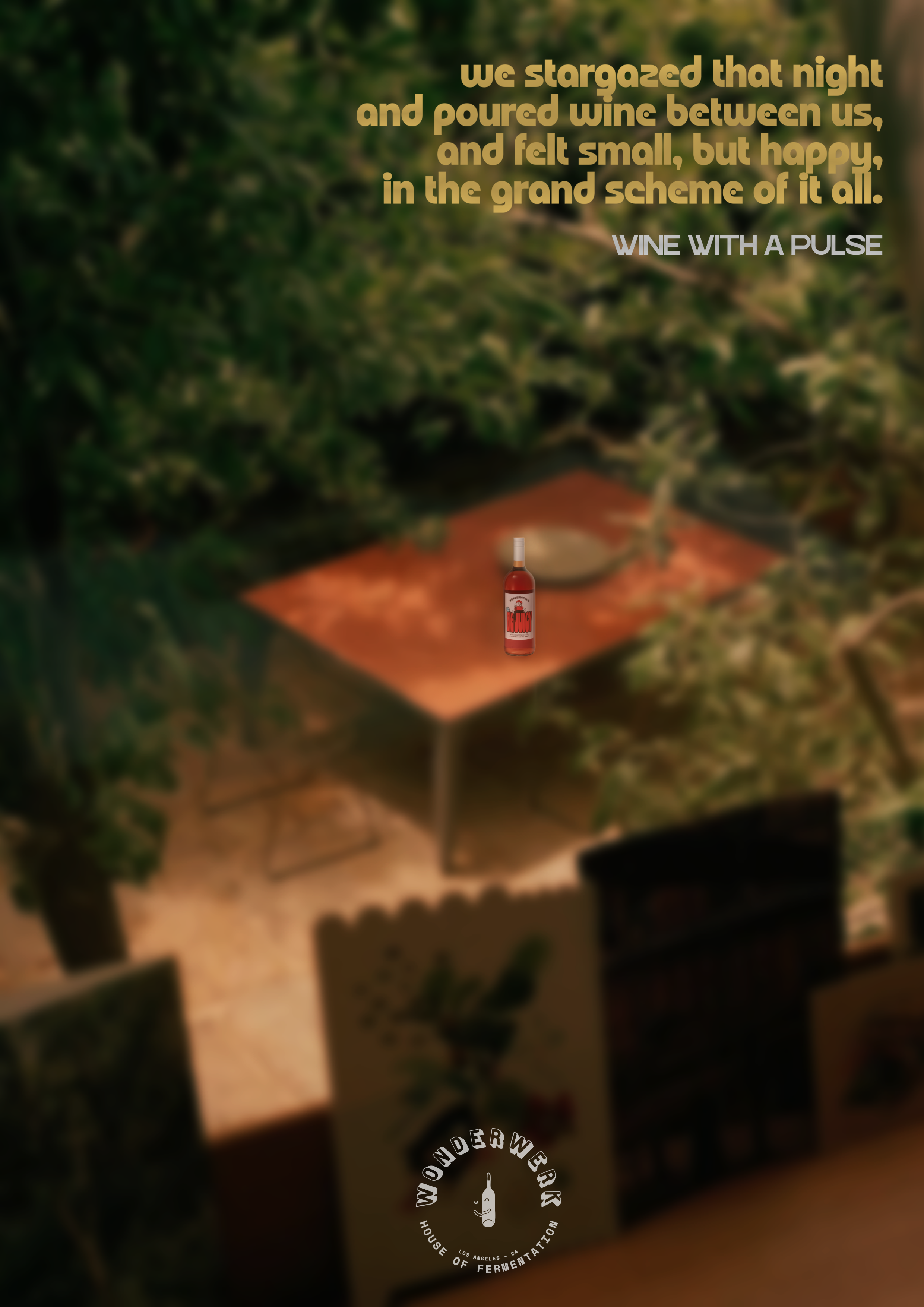 A table with a bottle of wine in the foreground, surrounded by greenery. A quote about wine and a logo for Wonderwerk House of Fermentation are overlaid on the image.