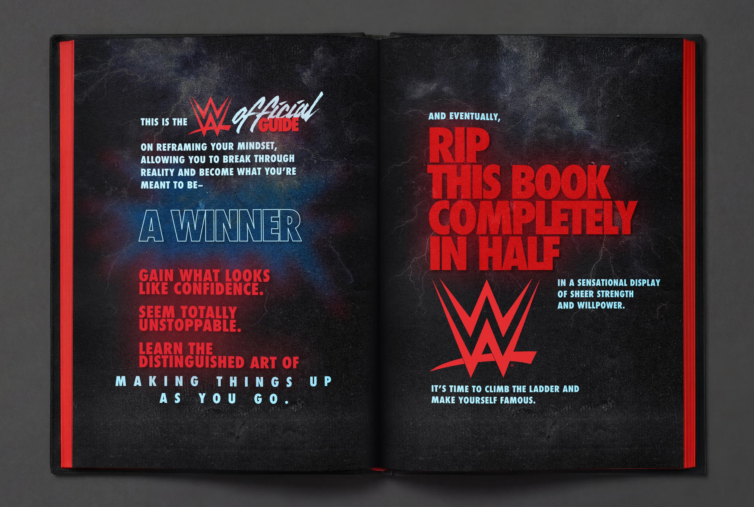 Open book with dark, cosmic background pages featuring WWE-themed motivational text in red, white, and blue fonts, including the WWE logo.