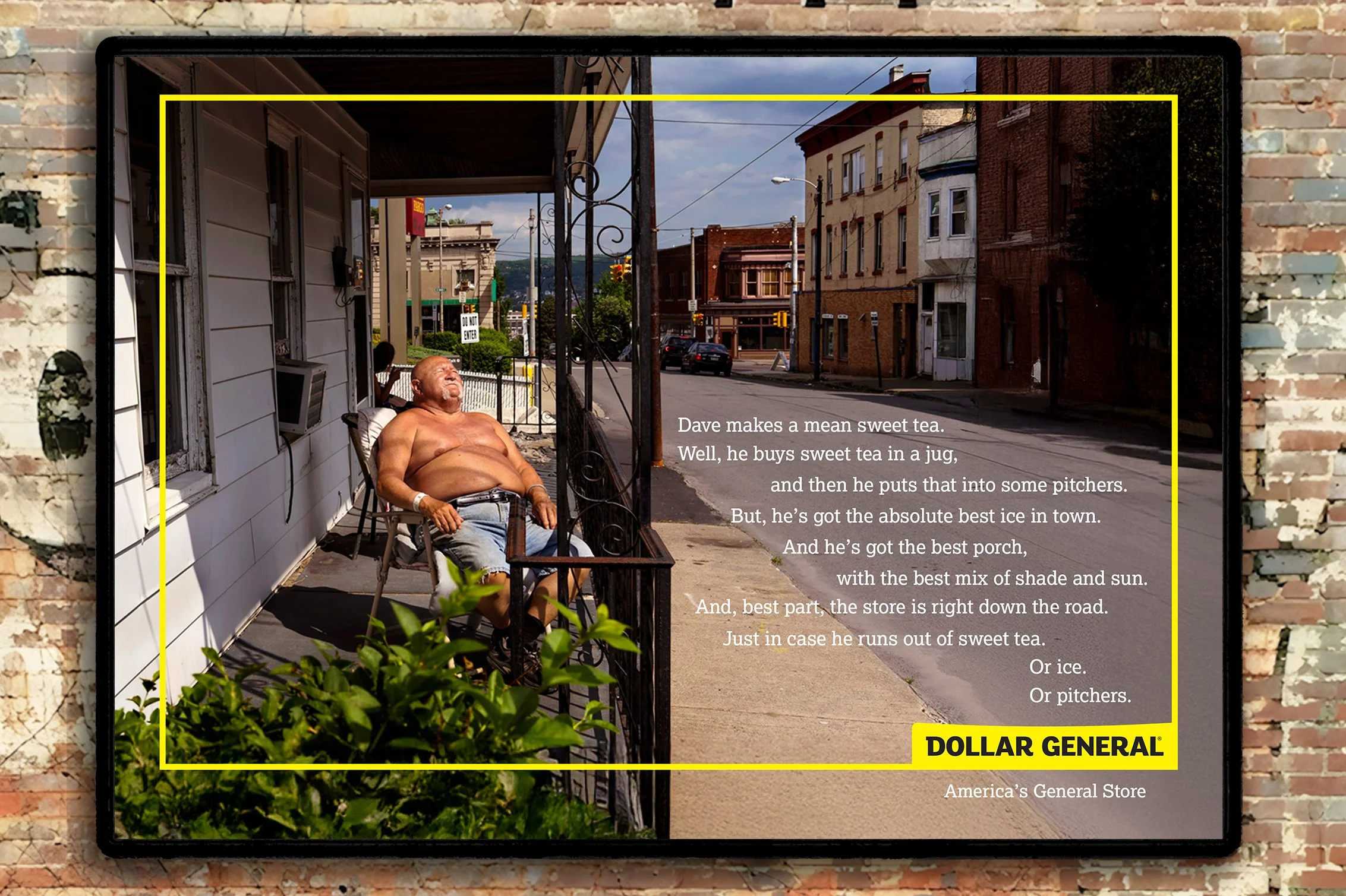 A large billboard featuring a man sitting shirtless on a porch with a town street in the background, alongside text promoting Dollar General and its products, including ice, sweet tea, and pitchers.