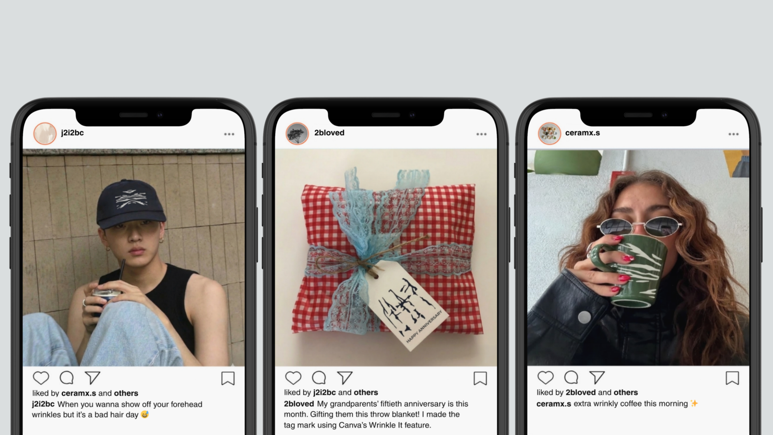 Screenshots of three Instagram posts displayed on smartphones, featuring a person drinking coffee, a gift box, and a woman with a coffee mug and sunglasses.